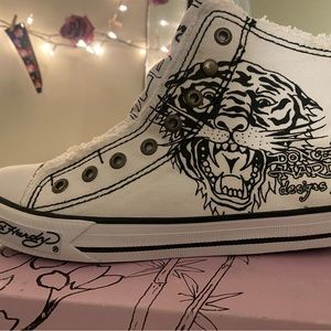 Ed hardy women’s tiger and skull style high top no lace sneaker shoes